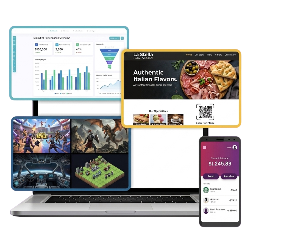 Falcon Solutions work across web, mobile, dashboards, and games